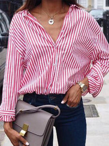 Turn Down Collar  Single Breasted  Striped Shirts