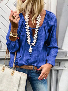 Lace Up Fashion V Neck  Long Sleeve Blouses