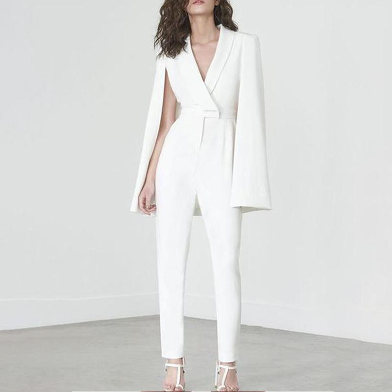 White Deep V Cape Sleeves Slinky Jumpsuit