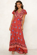 Load image into Gallery viewer, Big Pendulum V-Neck Beach Holiday Tie Printing Vacation Maxi Dress