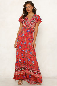 Big Pendulum V-Neck Beach Holiday Tie Printing Vacation Maxi Dress