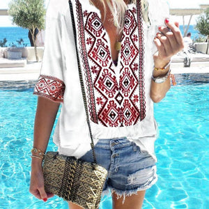 Ethnic Style Print V-Neck Casual T-Shirt