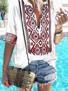 Ethnic Style Print V-Neck Casual T-Shirt