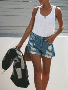 Fashion Plain Loose Hole Denim Shorts