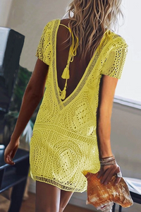 V Neck Lace Up Lace Short Sleeve Casual Dresses