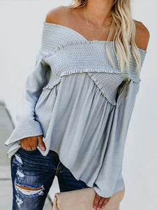 Elastic Off Shoulder Long Flare Sleeve Plain Pleated Loose T-Shirts