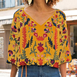 Casual V-Neck Cropped Sleeve Printed Shirt