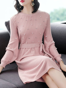 Round Neck  Beading  Plain Shift Dress