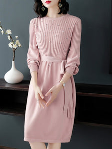 Round Neck  Beading  Plain Shift Dress