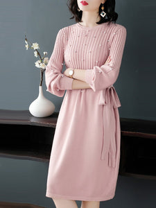 Round Neck  Beading  Plain Shift Dress