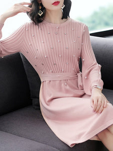 Round Neck  Beading  Plain Shift Dress