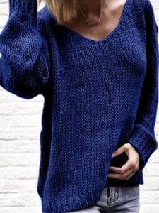 V Neck Long Sleeve Plain Knitting Casual Sweaters