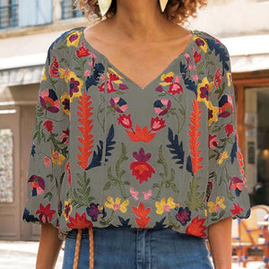 Casual V-Neck Cropped Sleeve Printed Shirt