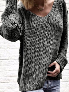 V Neck Long Sleeve Plain Knitting Casual Sweaters