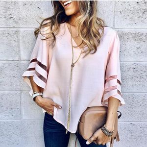 V Neck  Plain  Bell Sleeve  Blouses