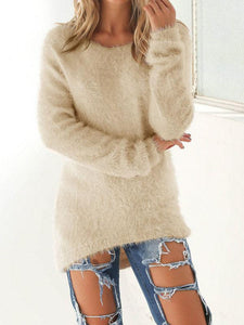 Round Neck  Asymmetric Hem  Plain Sweaters