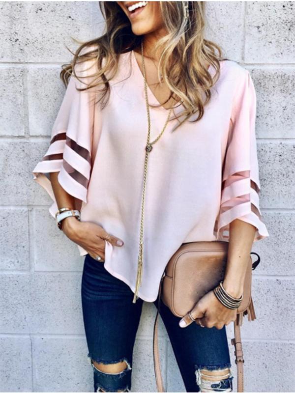 V Neck  Plain  Bell Sleeve  Blouses