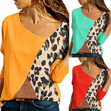 Load image into Gallery viewer, Autumn Spring  Polyester  Women  Round Neck  Color Block Leopard Long Sleeve T-Shirts