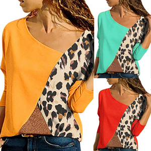 Autumn Spring  Polyester  Women  Round Neck  Color Block Leopard Long Sleeve T-Shirts