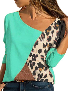 Autumn Spring  Polyester  Women  Round Neck  Color Block Leopard Long Sleeve T-Shirts