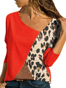 Autumn Spring  Polyester  Women  Round Neck  Color Block Leopard Long Sleeve T-Shirts