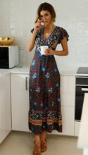 Load image into Gallery viewer, Big Pendulum V-Neck Beach Holiday Tie Printing Vacation Maxi Dress