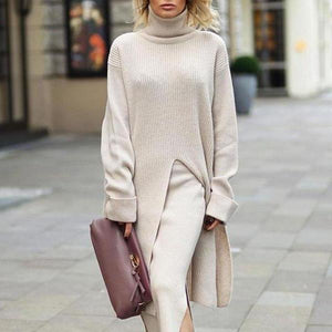 Casual Solid Color High Collar Long Sleeve Split Long Sweater