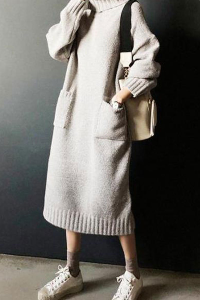 Fashion Simple Loose High Necked Knitted Casual Sweater Dress