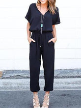 Load image into Gallery viewer, V Neck Short Sleeve Plain Pocket Casual Jumpsuits