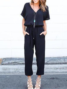 V Neck Short Sleeve Plain Pocket Casual Jumpsuits