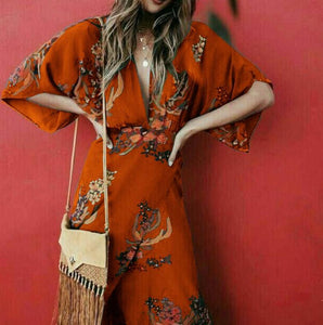 Boho Casual Printed Colour Split V Neck Dress