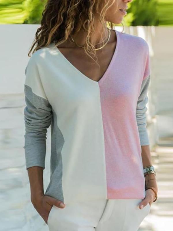 V Neck  Color Block T-Shirts