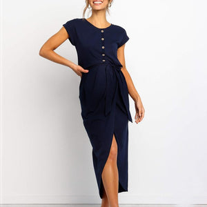 Maternity Casual Round Neck Short Sleeve Pure Colour Dress