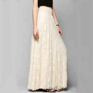 Solid Lace Elastic Waist Flared Maxi Skirt