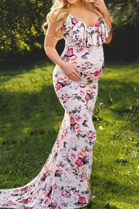 Maternity Floral Print Flounced Floor-Length Dress