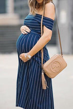 Load image into Gallery viewer, Maternity Stripe Off Shoulder Knee-Length Dress