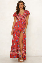 Load image into Gallery viewer, Big Pendulum V-Neck Beach Holiday Tie Printing Vacation Maxi Dress