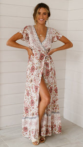 Big Pendulum V-Neck Beach Holiday Tie Printing Vacation Maxi Dress