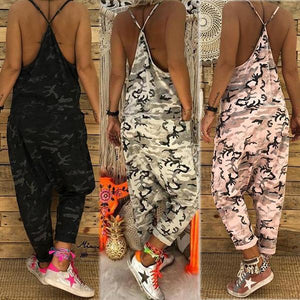 Sexy V Collar Sling Camouflage Loose Jumpsuit