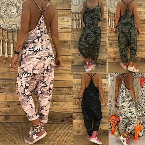 Sexy V Collar Sling Camouflage Loose Jumpsuit