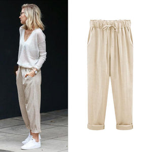 Casual Plain Elastic Waist Flax Harem Pants