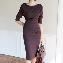 Load image into Gallery viewer, Round Neck Sleeve Pleated Dress Bodycon Dress