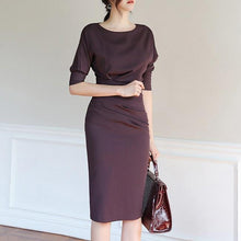 Load image into Gallery viewer, Round Neck Sleeve Pleated Dress Bodycon Dress