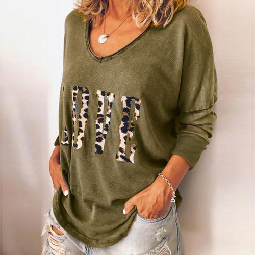 Casual Round Neck Long Sleeve Leopard Printed T-Shirt