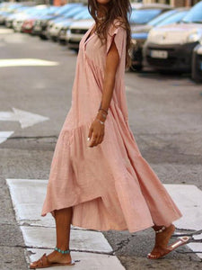 Casual Pure Colour V Neck Loose Short Sleeve Dresses