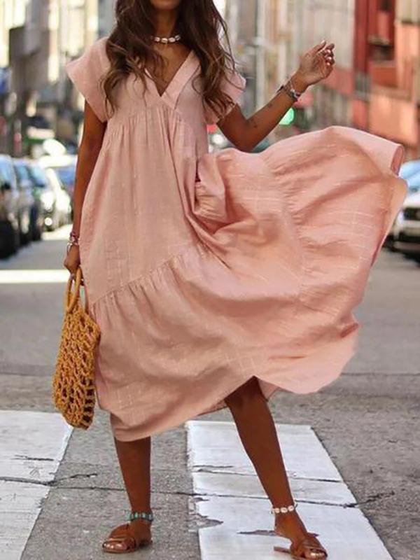 Casual Pure Colour V Neck Loose Short Sleeve Dresses