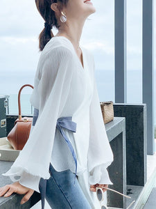 Fashion V Neck Loose Long Sleeve Chiffon Blouse