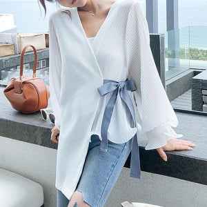 Fashion V Neck Loose Long Sleeve Chiffon Blouse