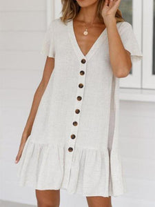 Single-Breasted Deep V-Neck Cotton And Linen Mini Dress