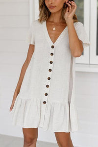 Single-Breasted Deep V-Neck Cotton And Linen Mini Dress